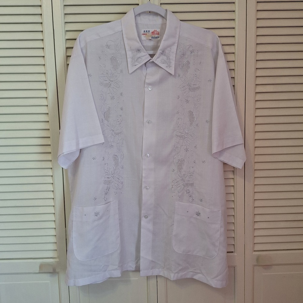 Double Red Horse Linen Blend Mens XXL Button Up Shirt Caribbean Guayabera White